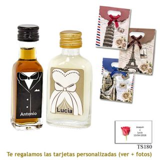 Licor de crema para ella y licor de café para él, con bolsas surtidas de ciudades