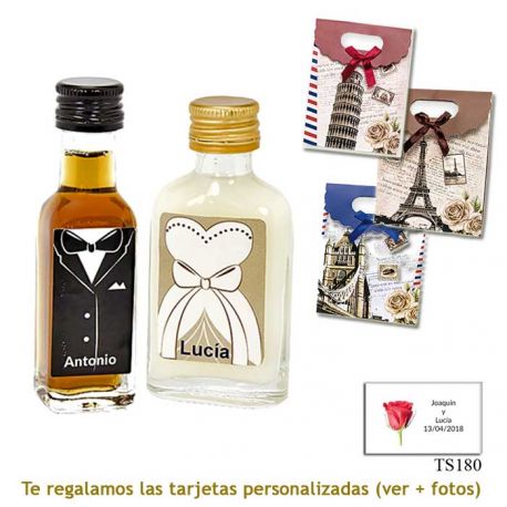 Licor de crema para ella y licor de café para él, con bolsas surtidas de ciudades