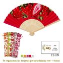 Abanico rojo con fresas rojas grandes y bolsa de organdil con flores
