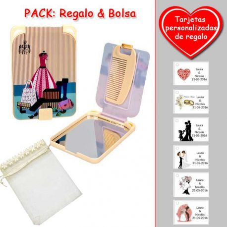 Gran espejo beige con dibujo de maniquí y maletas, y un práctico peine dentro