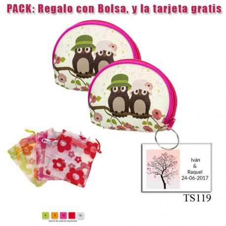 Monedero blanco con cremallera en fucsia y dibujo de parejita de búhos