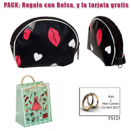 Monedero con cremallera negro, con labios rojos y corazones blancos