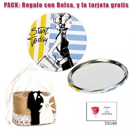 Espejo de chapa barato con dibujo de mujer, con rayas azules y amarillas