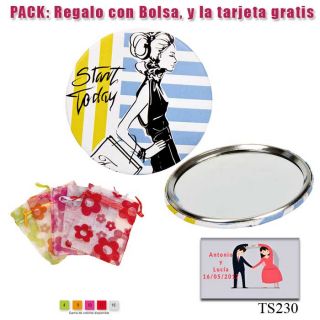 Espejo de chapa barato con dibujo de mujer, con rayas azules y amarillas