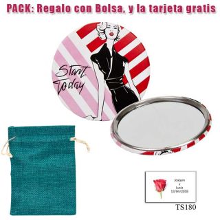 Espejo de chapa barato con dibujo de mujer, con rayas rosas y rojas