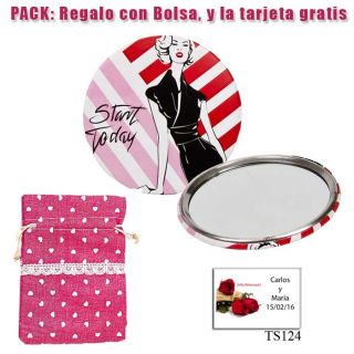 Espejo de chapa barato con dibujo de mujer, con rayas rosas y rojas