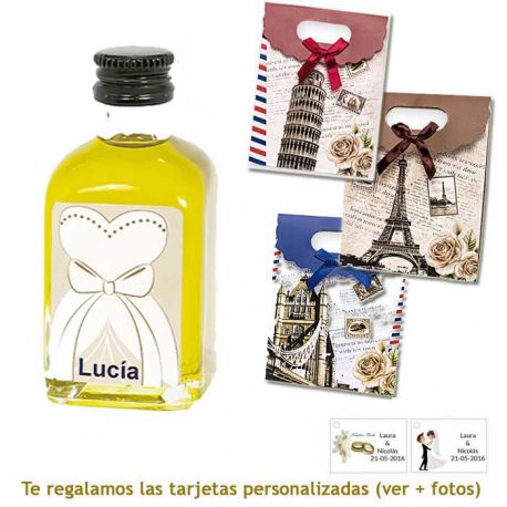 Botellita de Aceite de Oliva con etiqueta de novia y bolsa surtida de ciudades