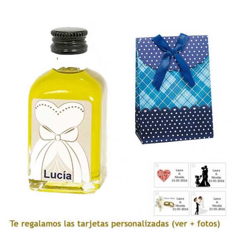 Botellita de Aceite de Oliva con etiqueta de novia y bolsa surtida de lunares y cuadros