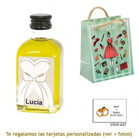 Botellita de Aceite de Oliva con etiqueta de novia y bolsa con mujer y maquillaje