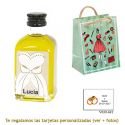 Botellita de Aceite de Oliva con etiqueta de novia y bolsa con mujer y maquillaje