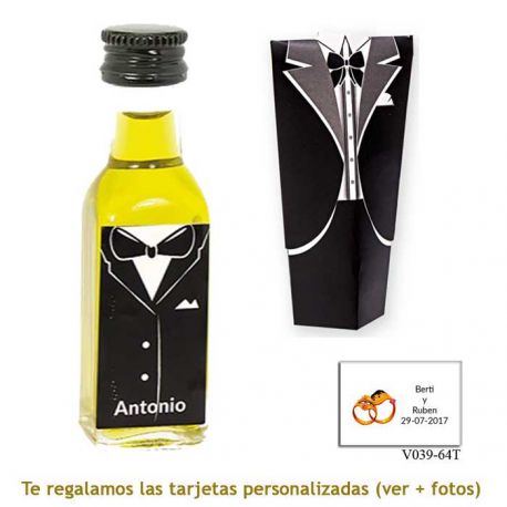 Botellita de Aceite de Oliva con etiqueta de novio y caja con traje de novio