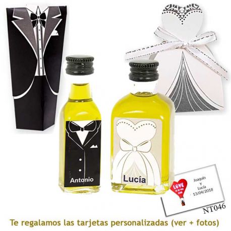 Botellitas de Aceite de Oliva para regalar en boda, con cajas de novio y novia a juego