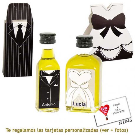 Botellitas de Aceite de Oliva para regalar en boda, con cajas de novio y novia a juego