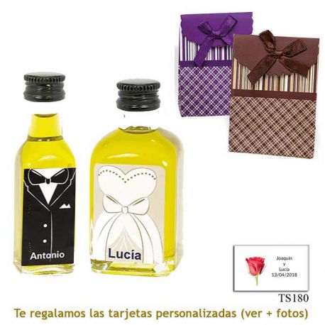 Botellitas de Aceite de Oliva para regalar en boda, con cajas de novio y novia a juego
