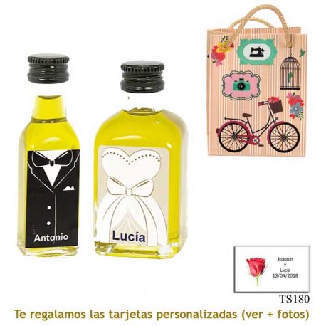 Botellitas de Aceite de Oliva para regalar en boda, con cajas de novio y novia a juego