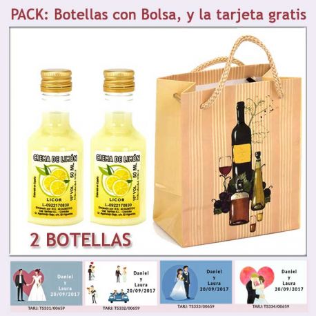 2 Botellitas de Licor de Crema de Limón con bolsa y tarjeta
