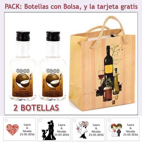 2 Botellitas de Licor de Coco con bolsa y tarjeta