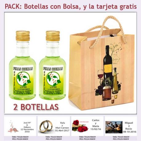 2 Botellitas de Licor de Finas Hierbas con bolsa y tarjeta
