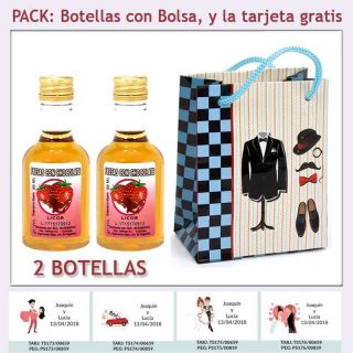 2 Botellitas de Licor de Fresas con Chocolate con bolsa y tarjeta