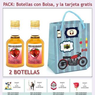 2 Botellitas de Licor de Fresas con Chocolate con bolsa y tarjeta