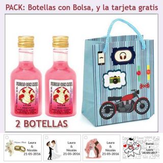 2 Botellitas de Licor de Fresas con Nata con bolsa y tarjeta