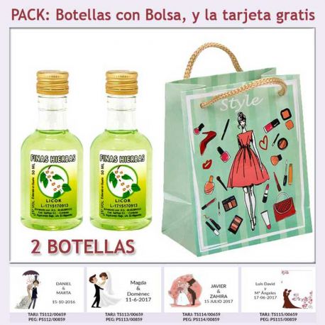 2 Botellitas de Licor de Finas Hierbas con bolsa y tarjeta