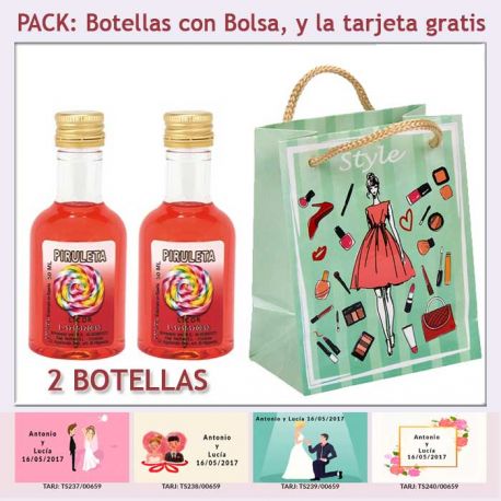 2 Botellitas de Licor de Piruleta con bolsa y tarjeta