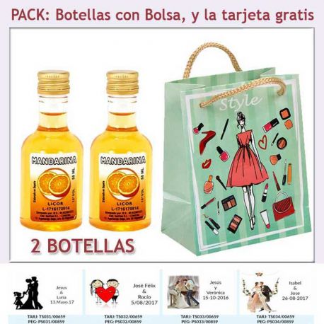 2 Botellitas de Licor de Mandarina con bolsa y tarjeta