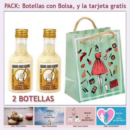2 Botellitas de Licor de Arroz con Leche con bolsa y tarjeta