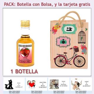 Botellita de Licor de Fresas con Chocolate con bolsa y tarjeta