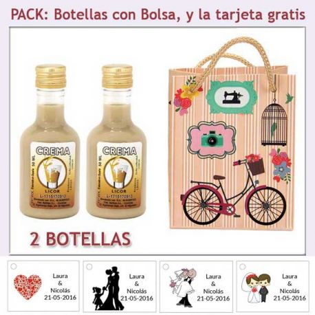 2 Botellitas de Licor de Crema con bolsa y tarjeta