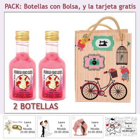 2 Botellitas de Licor de Fresas con Nata con bolsa y tarjeta