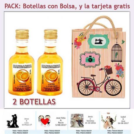 2 Botellitas de Licor de Mandarina con bolsa y tarjeta