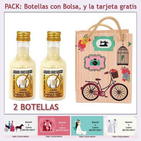 2 Botellitas de Licor de Arroz con Leche con bolsa y tarjeta