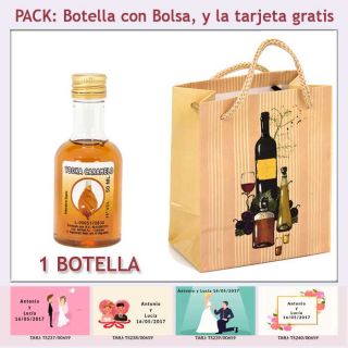 Botellita de Licor de Vodka Caramelo con bolsa "bodegón" y tarjeta