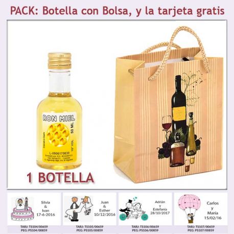 Botellita de Ron Miel con bolsa "bodegón" y tarjeta 
