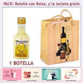 Botellita de Licor de Crema de Plátano con bolsa "bodegón" y tarjeta