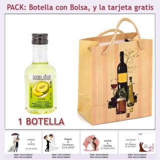 Botellita de Licor de Melón con bolsa "bodegón" y tarjeta