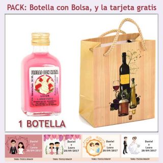 Botellita de Licor de Fresas con Nata con bolsa "bodegón" y tarjeta