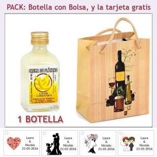 Botellita de Licor de Crema de Plátano con bolsa "bodegón" y tarjeta