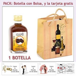 Botellita de Licor de Café con bolsa "bodegón" y tarjeta