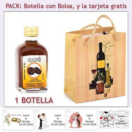 Botellita de Licor de Café con bolsa "bodegón" y tarjeta