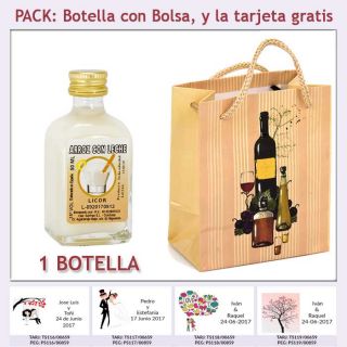 Botellita de Licor de Arroz con Leche con bolsa "bodegón" y tarjeta