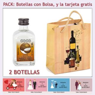 Botellita de Licor de Coco con bolsa "bodegón" y tarjeta