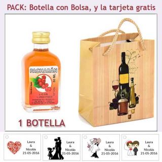 Botellita de Pacharán con bolsa "bodegón" y tarjeta