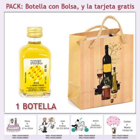Botellita de Ron Miel con bolsa "bodegón" y tarjeta