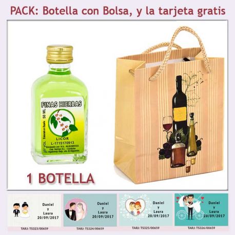 Botellita de Licor de Finas Hierbas con bolsa "bodegón" y tarjeta