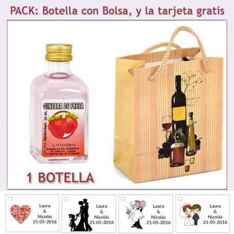Botellita de Ginebra de Fresa con bolsa "bodegón" y tarjeta