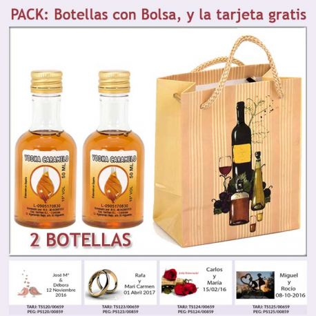2 Botellitas de Licor de Vodka Caramelo con bolsa "bodegón" y tarjeta