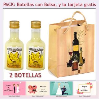 2 Botellitas de Licor de Crema de Plátano con bolsa "bodegón" y tarjeta